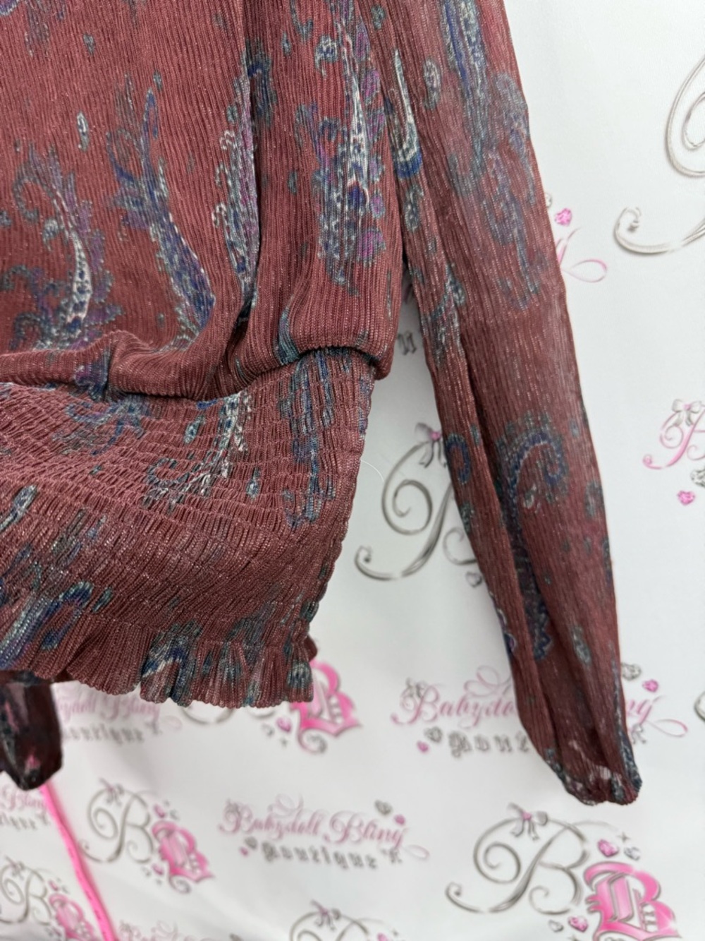 Joie blouse shiny style floral pleated Rust Paisley-Print Long-Sleeve Blouse - Picture 4 of 11